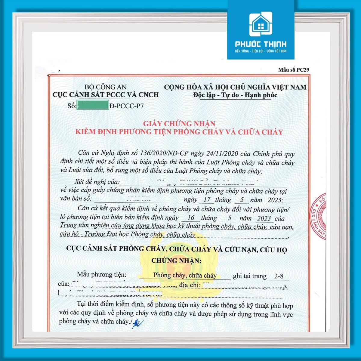 Giấy chứng nhận kiểm định phương tiện phòng cháy và chữa cháy được cấp cho Phước Thịnh Group