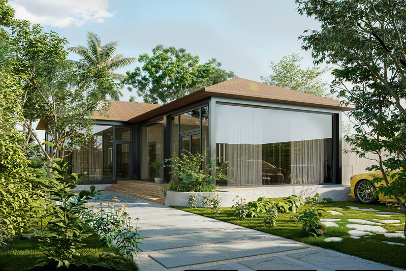 Mẫu nhà lắp ghép chữ L 72m² phong cách hiện đại.