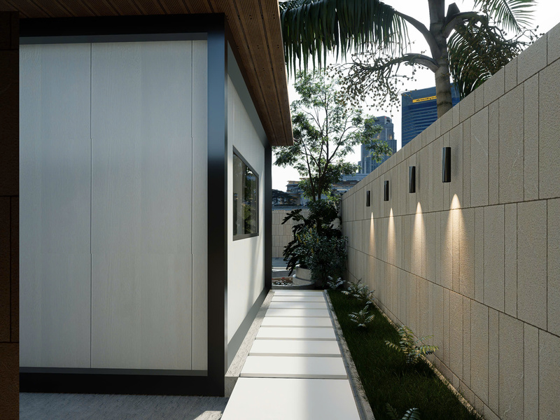 Nhà lắp ghép chữ L 72m2, tường panel sáng và vật liệu chống thấm hiện đại.