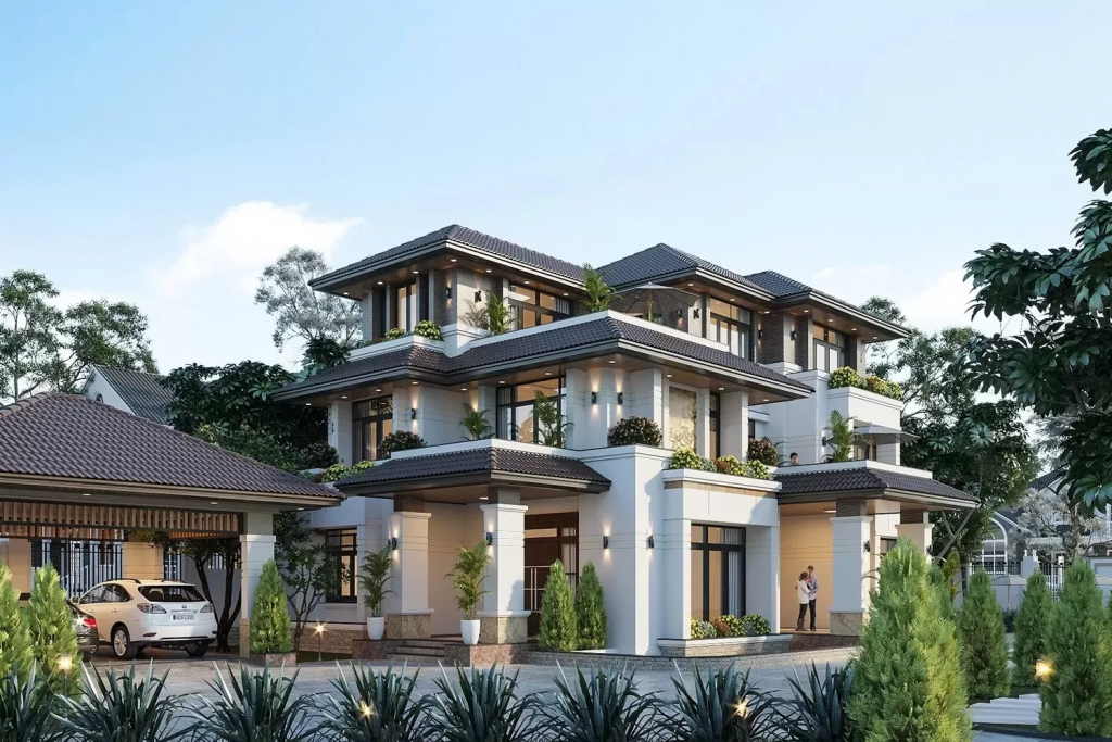 Nhà để xe ô tô biệt thự liền kề, với ngói màu đồng bộ nhà chính