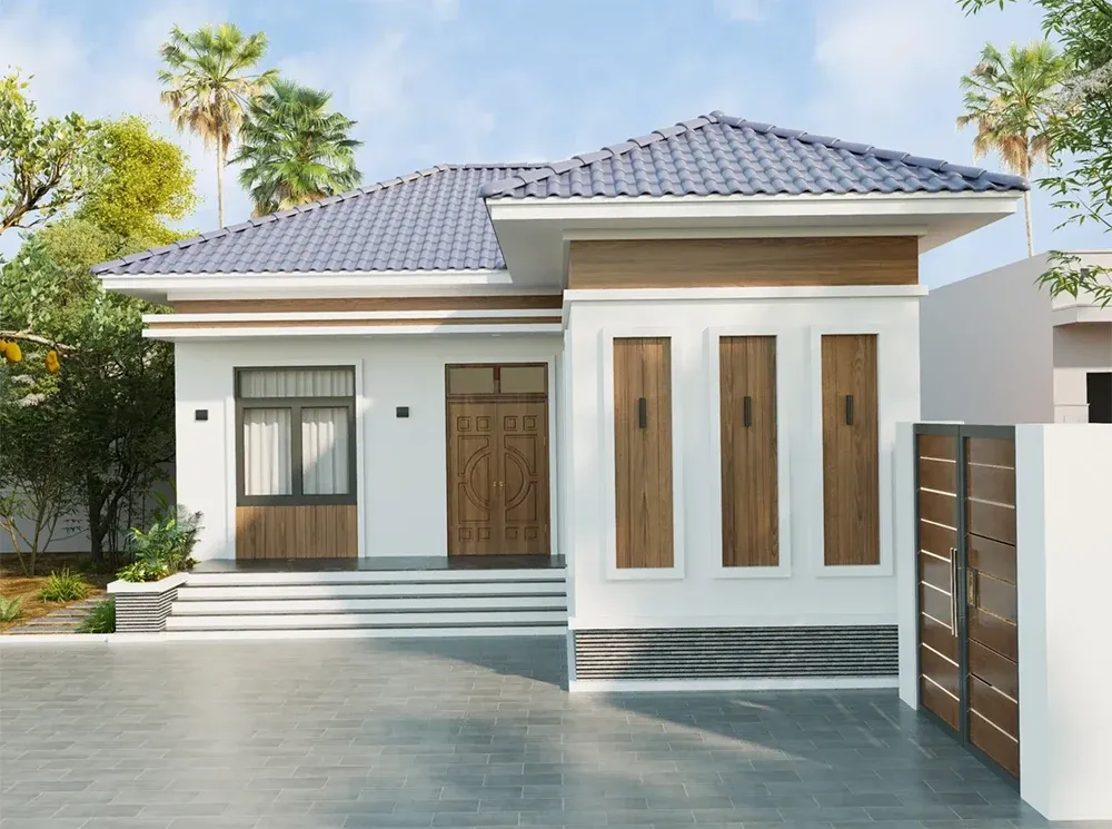 Mẫu nhà chữ L hiện đại 1 tầng mái bằng, mặt tiền tối giản