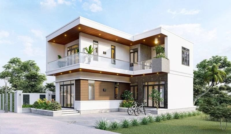 Nhà chữ L 2 tầng hiện đại, bố trí cửa sổ lấy sáng