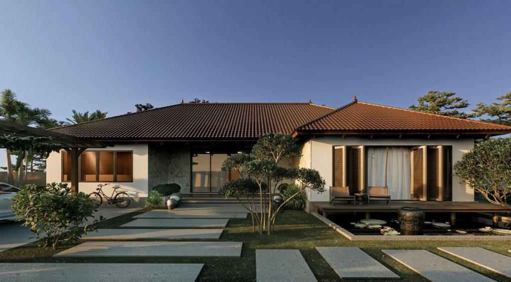 Mẫu nhà chữ L 1 tầng mái Nhật, phối màu trung tính